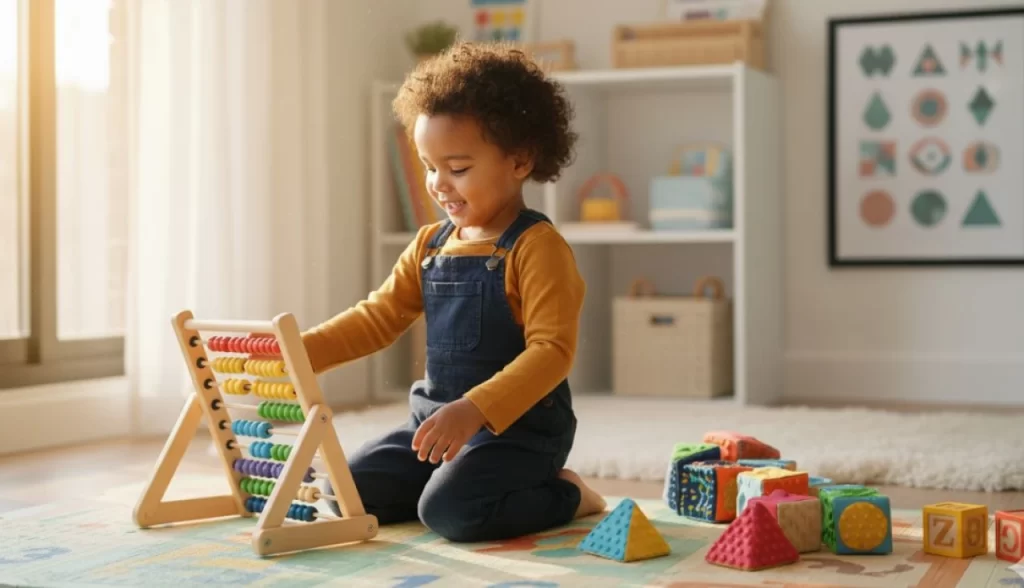 crianca brincando com brinquedos inteligentes na sala, ambiente claro