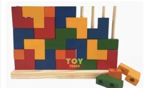 Blocos de Encaixes Vertical com 25 Peças Coloridos em Madeira Jogo Educativo Tetris Brinquedo