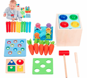 Brinquedo Montessori 5 em 1 | madeira Montessori brinquedo – Jogo combinar para crianças maiores 1 ano, caixa permanência objetos, caixa moedas, colheita cenoura, minhoca, organizador formas, presentes aniversário Suenos