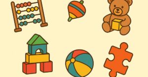 Ilustração colorida com brinquedos educativos clássicos: urso de pelúcia, pião, blocos de montar, bola infantil, quebra-cabeça e ábaco, em estilo simples e divertido sobre fundo bege.