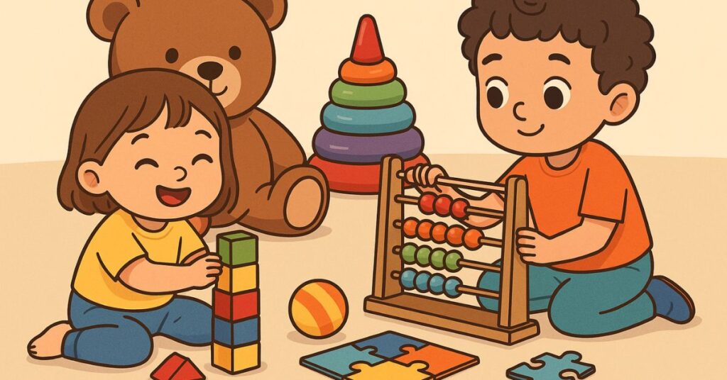 Crianças brincando com brinquedos educativos, incluindo blocos de montar, ábaco, quebra-cabeça, bola colorida e urso de pelúcia.