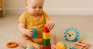 Bebê de 1 aninho sentado no tapete brincando com blocos de montar coloridos, rodeado por bola, mordedor e xilofone infantil.