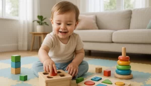 Criança de 2 anos brincando com brinquedos educativos em um tapete colorido.