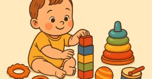 Bebê de 1 aninho sorridente sentado no chão brincando com blocos de montar coloridos e rodeado por brinquedos educativos como bola, torre de argolas e tambor infantil.